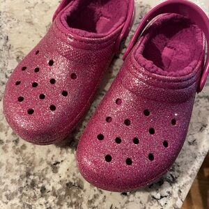 CROCS Pink Sandals with Sparkly Finish (fleece lined) EUC